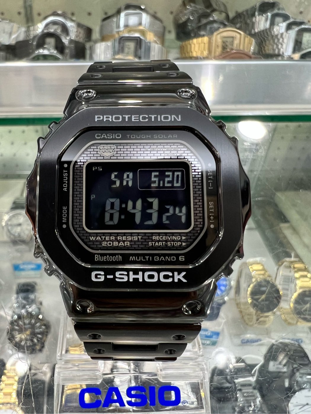 金台鐘錶】CASIO卡西歐G-SHOCK (全黑X不鏽鋼) 藍牙六局電波太陽能GMW