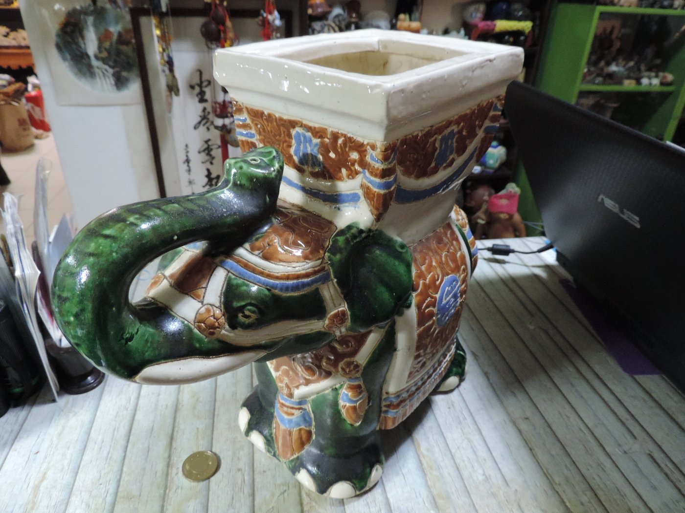早期收藏~老件中國風唐三彩手繪綠釉彩陶瓷器大象方型花台平穩腳座