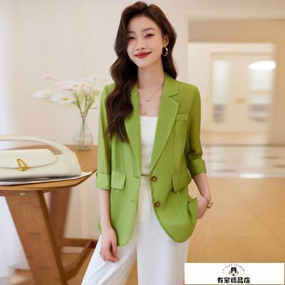 綠色小西裝外套女夏季薄款小個子時尚高級感防曬上衣職業休閑西服-有家精品店