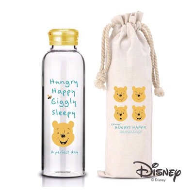 正版迪士尼小熊維尼耐熱玻璃瓶蓋組370ml水瓶袋子麻布袋可愛Disney野餐旅行瓶子隨行杯水壺束口袋