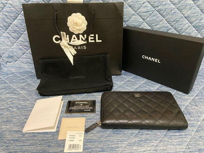《附專櫃購證》Chanel 荔枝皮黑銀護照夾 長夾 皮夾 銀色拉鍊 a48982 絕版 超難買 可遇不可求 賣場唯一