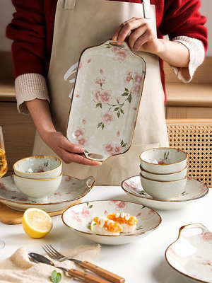 日式櫻花陶瓷餐具碗盤碟子家用創意飯碗菜盤子單個雙耳魚盤熱心小賣家