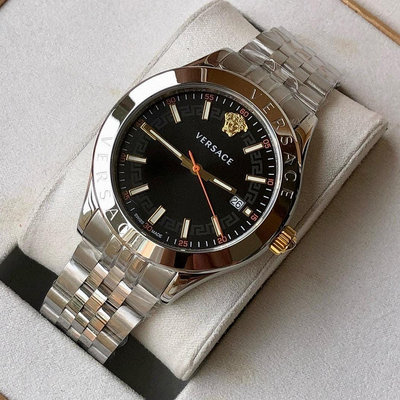 VERSACE Hellenyium 黑色錶盤 銀色不鏽鋼錶帶 石英 男士手錶 VEVK00420
