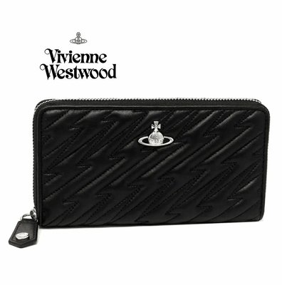Vivienne Westwood (黑色×金屬銀鎳色 ) 真皮壓紋 拉鍊長夾 皮夾 錢包 中性款｜100%全新正品｜特價!
