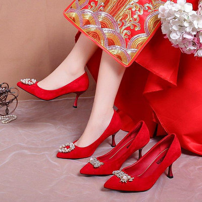 35-43大碼女鞋42紅色婚鞋女41秀禾鞋婚禮新娘鞋高跟鞋細跟單鞋子