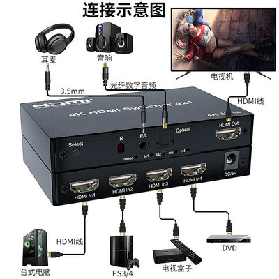 2.0hdmi切換器四進一出帶光纖SPIDF音頻分離3.5輸出音箱高清4k機頂盒PS4電腦接電視5進1出分配8K分屏器