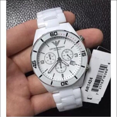 直購#實拍 ARMANI 阿瑪尼 阿曼尼男錶AR1421 男錶AR1424 黑色陶瓷錶帶三眼計時腕錶 送調表器