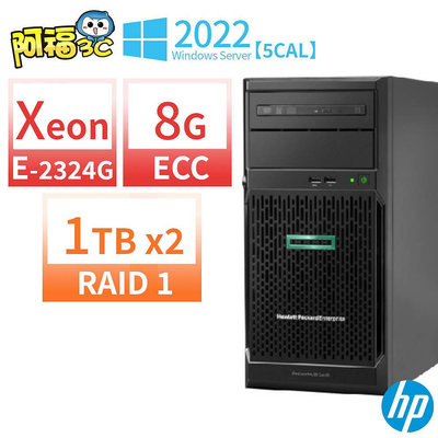 【阿福3C】HP HPE ML30 Gen10商用伺服器(E-2324G/ECC 8G/1TBx2/Server 2022 STD 5CAL/DVD/三年保固