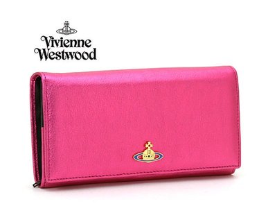 Vivienne Westwood ( 金屬桃紅色×黑色) 二摺真皮長夾 錢包 ｜100%全新正品｜特價！