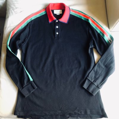 [品味人生] 保證正品 GUCCI 黑色 經典紅綠條紋 長袖 POLO衫 size XXXL 適合XXL