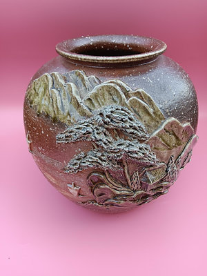 日本信樂燒 陶胎高浮雕超大花瓶、花器擺件。