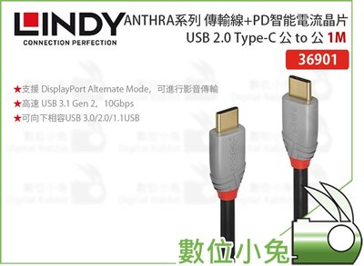 數位小兔【LINDY 林帝 ANTHRA系列 USB 3.1 Gen 2 Type-C 公 to 公 1m】傳輸線