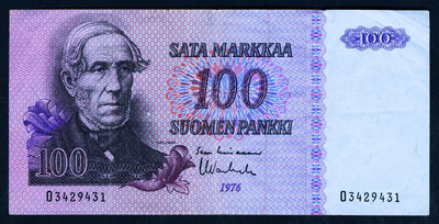 【鑒 寶】（外幣收藏） 芬蘭 1976年版100芬蘭馬克 8成以上品相！鈔票背面左側有淡黃漬 MYZ177