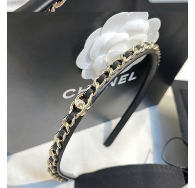 【翰貝格名牌館】全新真品 Chanel 秀款 黑色 小羊皮 金色 金屬 雙c 髮箍 髮圈 AB6143