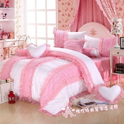 【佛你居家】☆公主系列☆粉紅玫瑰/5尺標準雙人薄床罩組/公主薄紗床裙/蕾絲/白色