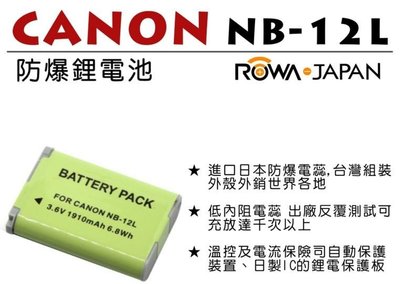 ROWA 樂華 • CANON NB-12L 專用 鋰電池 • 數位相機 副廠電池 NB12L G1X II