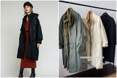 ?Lenas通販⭐特價⭐2019年11月日本知名品牌三色保暖發熱夾棉車縫線抽繩2 WAY兩件式寬鬆長版風衣外套