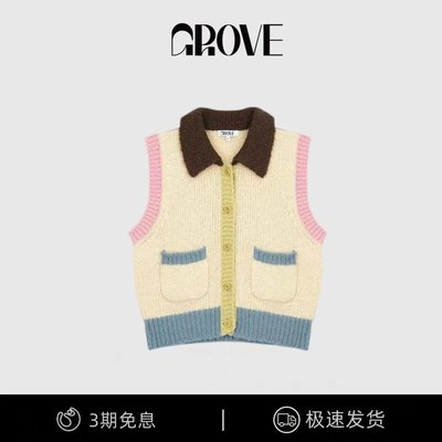 【熱賣精選】GROVE韓國22新款可愛翻領單排扣針織毛衣馬甲無袖背心