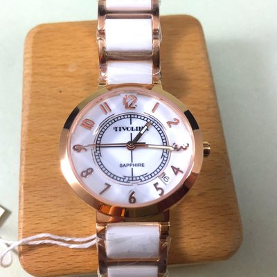 日本 TIVOLINA 高帽子 藍寶石水晶玻璃 玫瑰金錶圈 字釘 錶釦 陶瓷錶帶  女錶  LAT3762-G