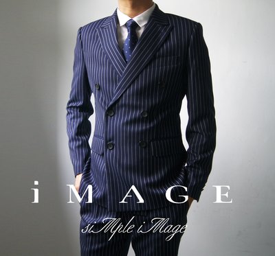 SIMPLE IMAGE頂級商務紳士訂製系列Italian Fashion 藍底寬線條雙排扣西裝（手工訂製）