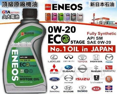 ✚久大電池❚ ENEOS 新日本石油 0W-20 ECO STAGE 日本車原廠最高等級機油 (24瓶一組免運)