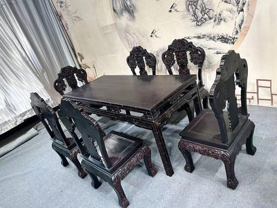 【二手】新品非洲紫檀紹式紫檀餐桌，桌子長180寬80高80。椅子長540675【古玩天下】