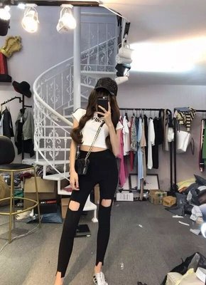 2018夏裝新款潮牌韓版短款印花拉條T+高腰顯瘦破洞打底褲套裝女潮