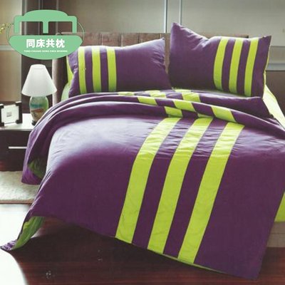 §同床共枕§ 天絲絨 三條線運動風 加大雙人6x6.2尺 薄床包薄被套四件式組-紫綠