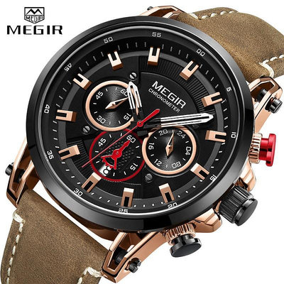 Megir 計時手錶男士皮革錶帶石英運動手錶男士防水軍用豪華手錶 2022 年男時鐘