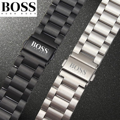 Hugo Boss 男士手錶帶鋼帶 男精鋼實心黑色錶鍊折疊扣16 20 22mm
