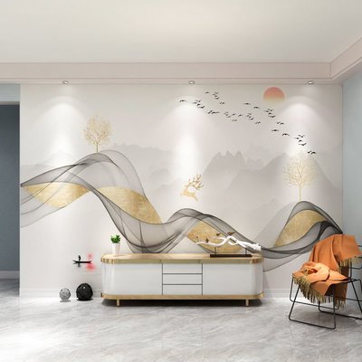 新中式電視背景墻壁紙抽象意境寫意墻紙山水線條壁畫客廳沙發墻布 自行安裝 中大號尺寸議價