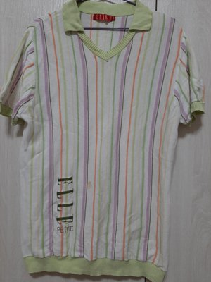 ELLE白色淺綠紫黃橘線條V字領針織衫