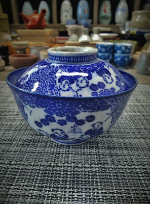 日本中古，昭和早期柴燒青花蓋碗，手            尺寸，有年代痕跡，尺寸見