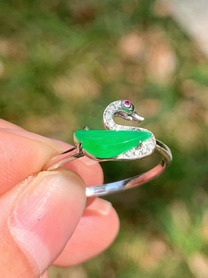 天鵝翡翠陽綠戒指。天然正陽綠冰種翡翠➕18k金➕南非鉆➕紅寶