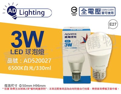 [喜萬年]含稅 ADATA威剛照明 LED 3W 白光 E27 全電壓 球泡燈_AD520027