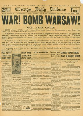 (徐宗懋圖文館) 二戰1939年9月1日 美國報紙《Chicago Daily Tribune》原件