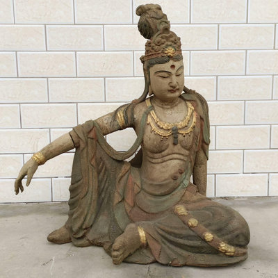 木雕彩繪佛像 坐地自在觀音菩薩造像擺件319