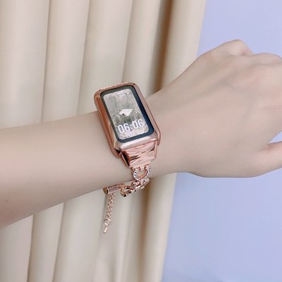 適用榮耀手環6錶帶女生心形金屬替換帶華為手環6/6Pro手錶帶NFC版六代智能運動個性潮全包一體保護膜通用配件