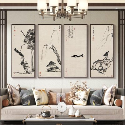 現貨：新中式客廳壁畫八大山人禪意水墨國畫沙發背景墻掛畫玄關裝飾畫豎