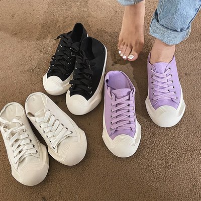 可可鞋鋪~~自留推薦韓國版型香芋紫氣質帆布鞋貝殼頭復古系帶厚底板鞋運動鞋