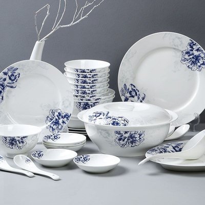 特賣-墨色 青花瓷餐具套裝中式碗盤組合 景德鎮陶瓷碗碟套裝 馨玉3.0