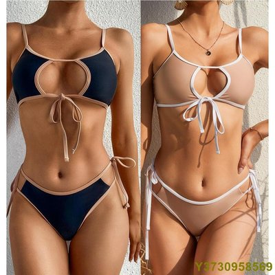 三月新款 歐美比基尼背心式純色胸部鏤空綁帶兩件式bikini泳衣女-MIKI精品
