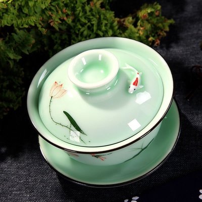 促銷打折 青瓷茶具套裝蓋碗茶杯陶瓷手繪青花瓷敬茶碗家用創意金魚泡茶杯