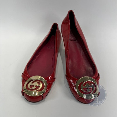【一元起標 04/29】GUCCI 古馳 紅色 漆皮 LOGO 娃娃鞋 #37.5 平底鞋 休閒鞋 女鞋 精品鞋
