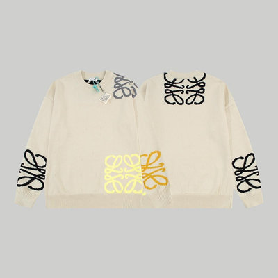 【Lydia代購】LOEWE羅意威 新款經典Logo提花套頭圓領針織毛衣 米黃色 XS - L