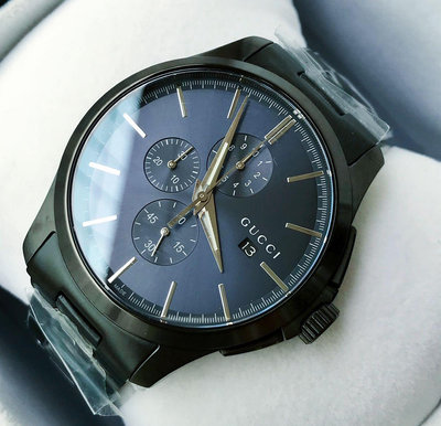 GUCCI G-Timeless 深藍色錶盤 黑色不鏽鋼錶帶 石英 三眼計時 男士手錶 YA126275