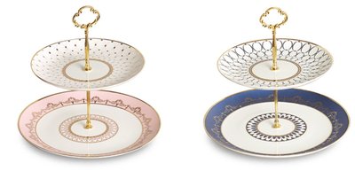 歐式 時尚經典幾何花紋雙層點心盤 蛋糕盤下午茶盤 陶瓷描金歐風擺盤 水果盤裝飾盤餐盤小物盤