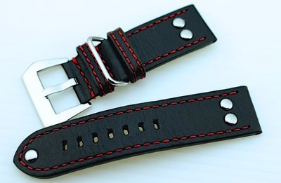 鉚釘24mm黑色真皮錶帶紅線小沛的新衣banda德國軍錶vintage冒險風格,