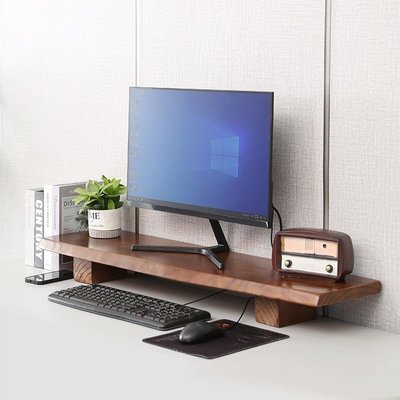 桌上型胡桃木色電腦顯示器增高架電視置物架鍵盤收納辦公桌面展示架實木