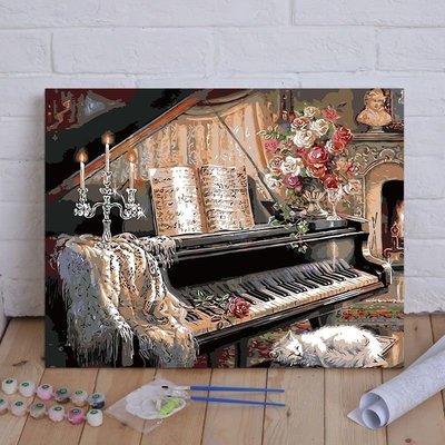 熱銷 現貨 DIY數字油彩畫動物花卉卡通靜物客廳大幅數碼手繪裝飾畫 鋼琴世家